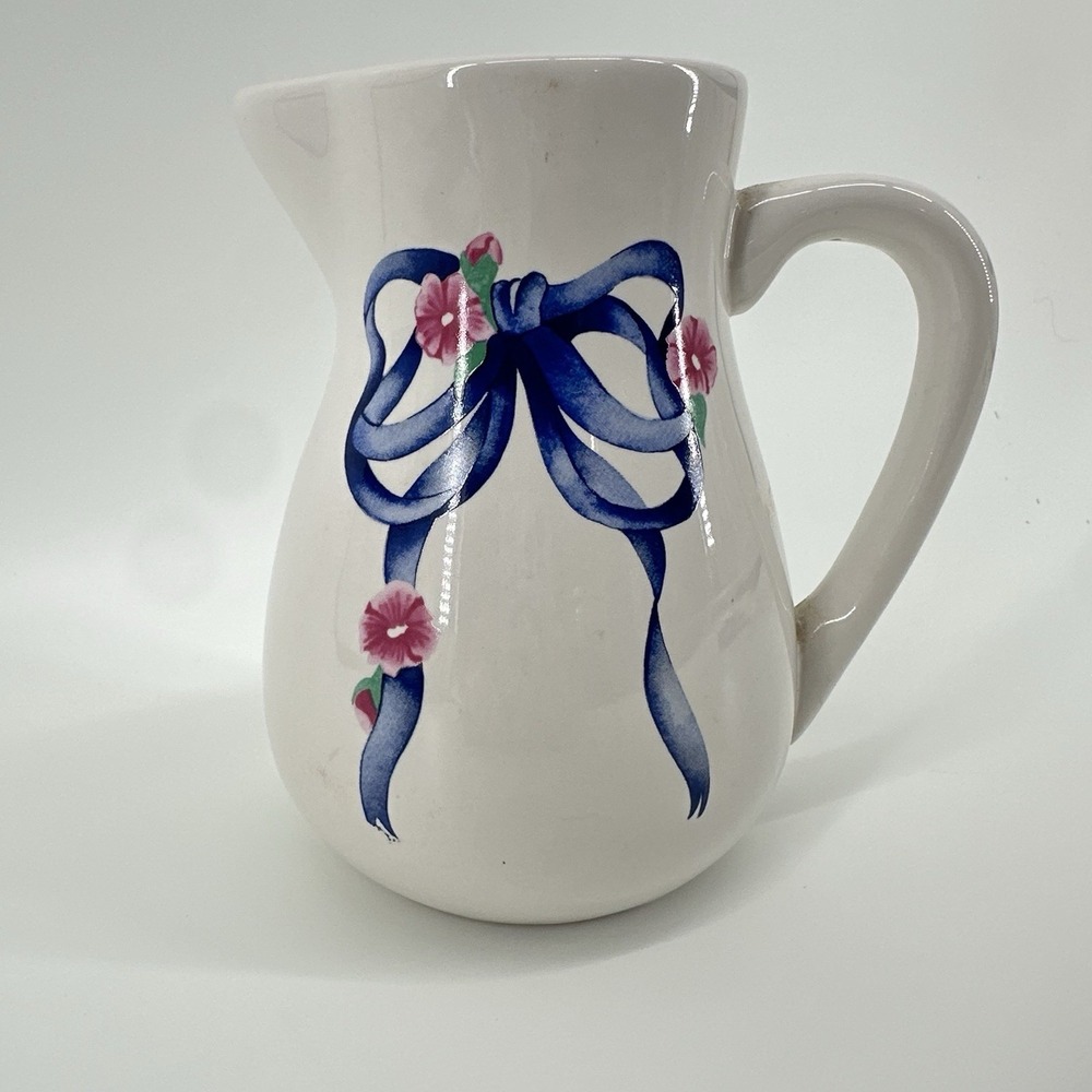 VTG‎ White Pitcher W/Bow Ribbon Cottage Shabby Chic Country Cottage